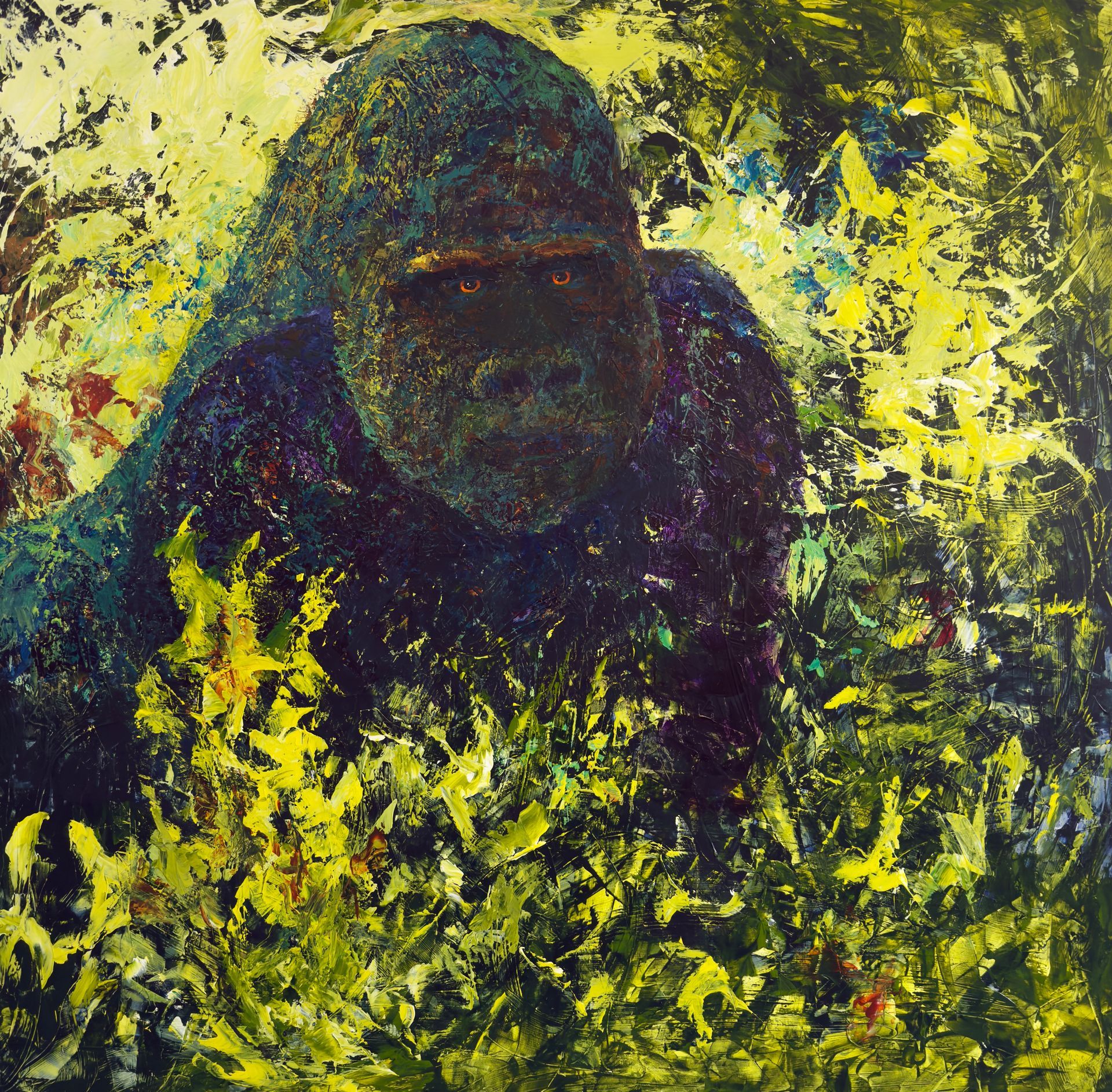 Gorilla in vibrant green and yellow foliage, dark fur, intense gaze.