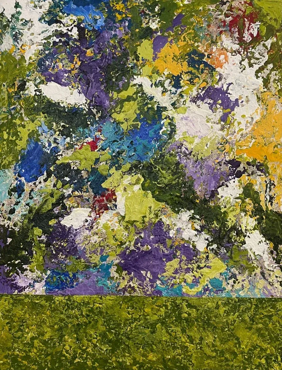 Abstract painting with textured brushstrokes in shades of green, blue, purple, yellow, and white, with a green ground.
