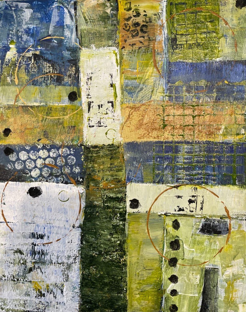 Abstract mixed media artwork with layered textures in blue, green, and tan hues.