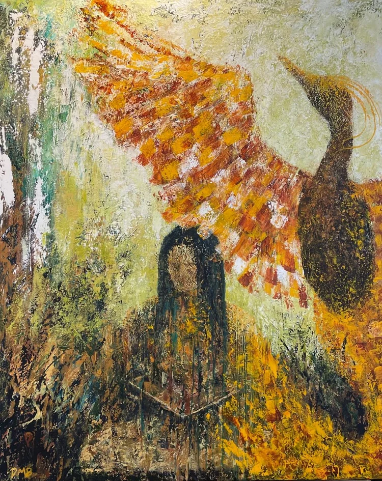 Abstract painting of figure with open book under large, orange winged bird. Green, yellow, and brown tones.