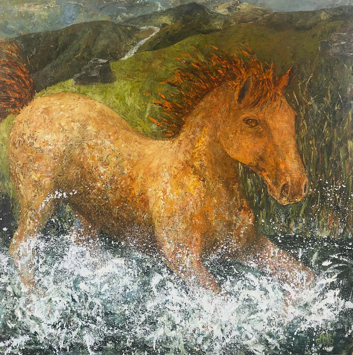 A brown horse running through water, mountains and a stream in the background.