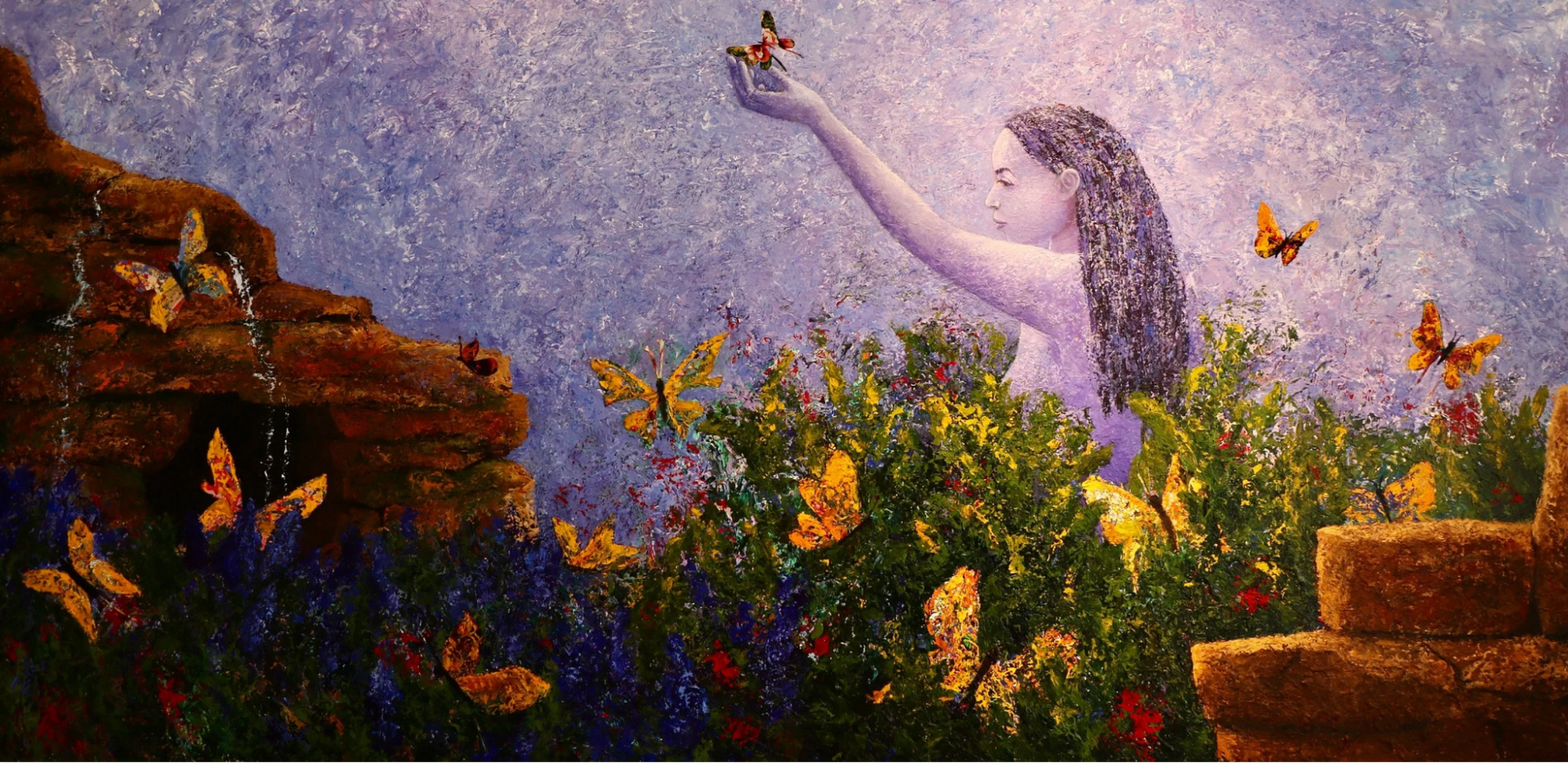 Woman with long hair reaching for a butterfly, surrounded by butterflies and greenery.