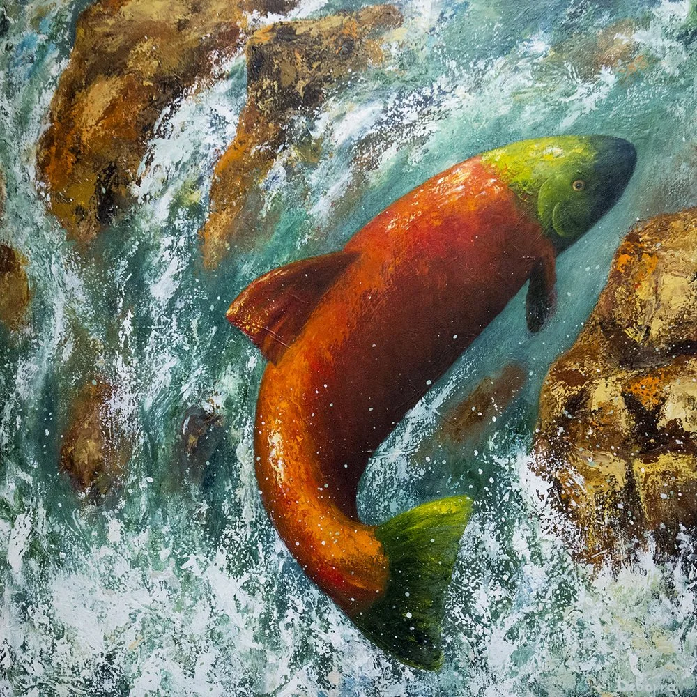 Salmon leaping upstream, bright orange body, green head and tail, surrounded by splashing water and rocks.