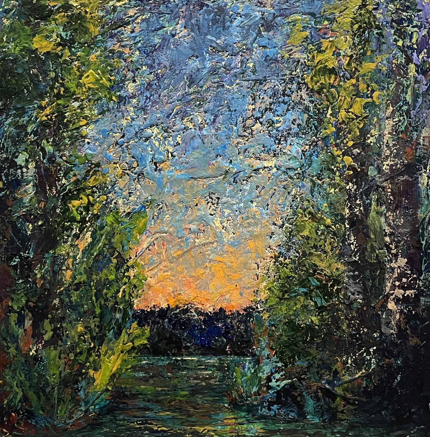Sunset through trees. Textured oil painting. Orange, blue, and green colors. Path leads to light.