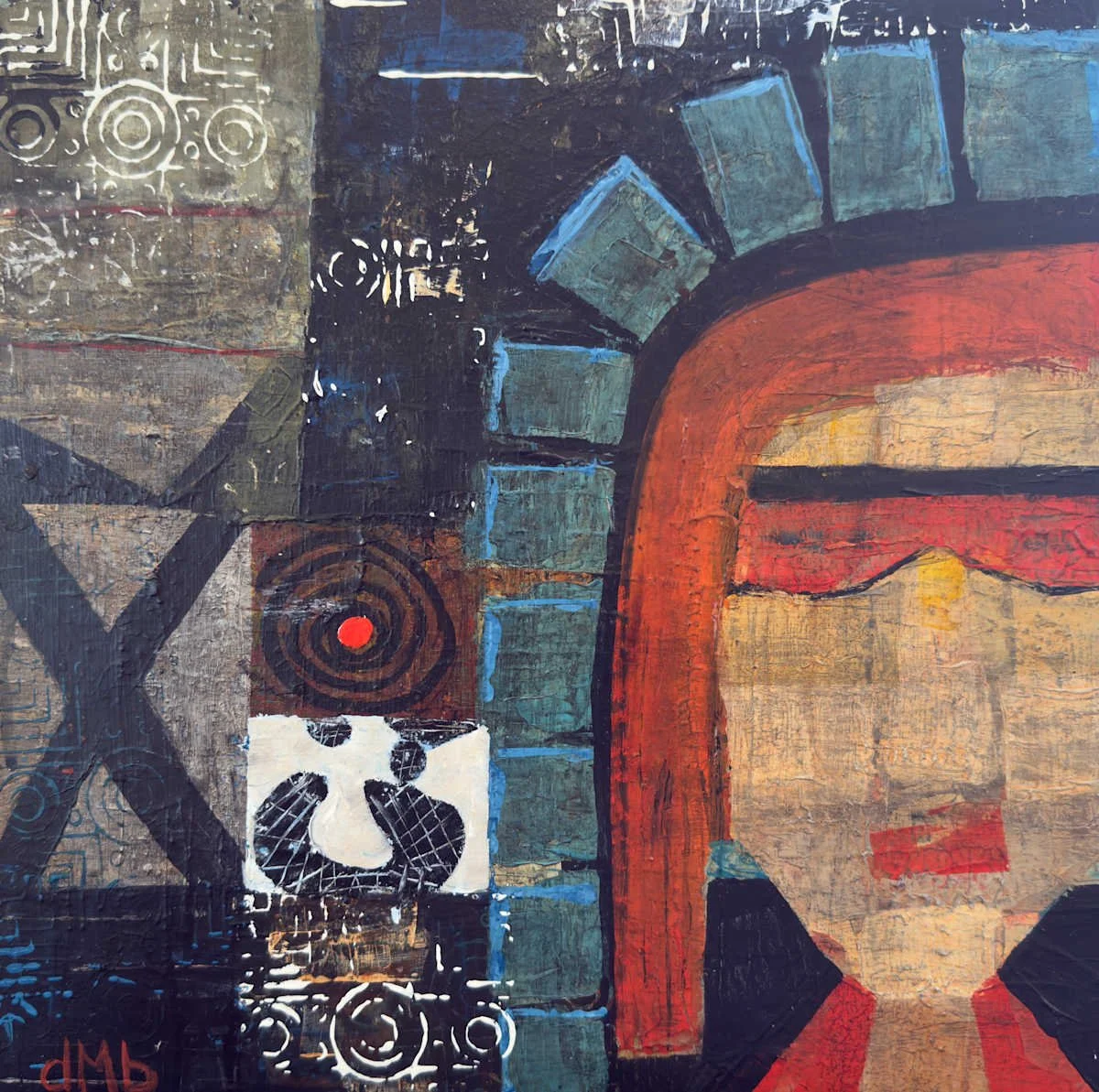 Abstract painting of a face and geometric shapes in blue, red, black, and white.