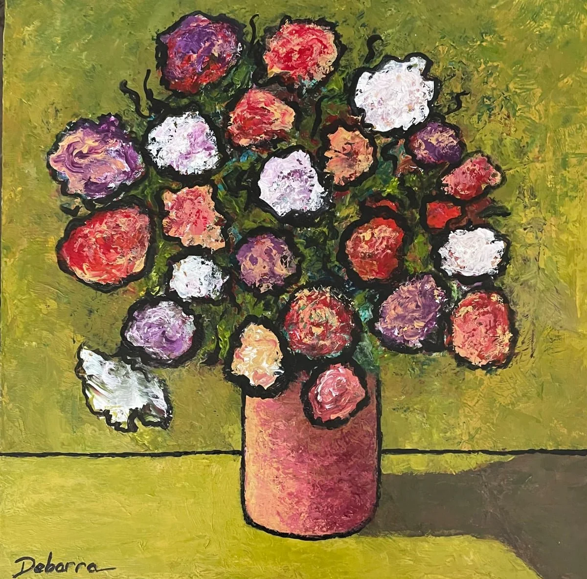 Vibrant floral bouquet in a pink vase against a green backdrop; colorful, textured, abstract style.