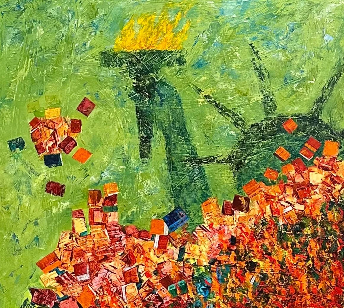 Abstract painting of the Statue of Liberty in green, with colorful, blocky forms at the base and floating.