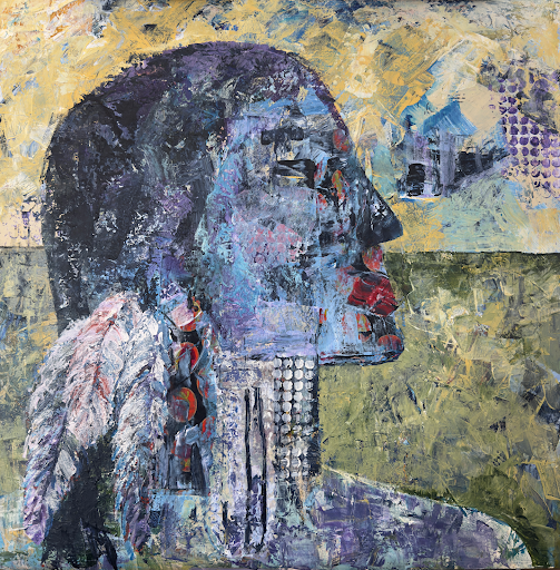 Abstract portrait of a person in profile. Blue tones, red lips, feathery shoulder, with a building in the background.
