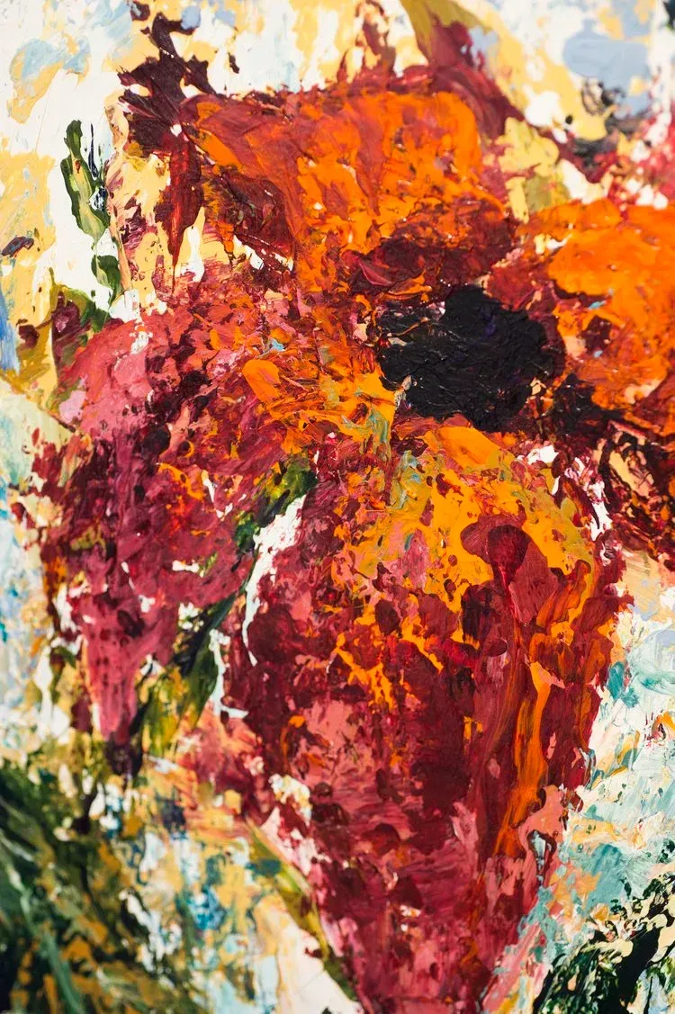 Abstract flower painting with textured brushstrokes in shades of red, orange, and black against a light background.