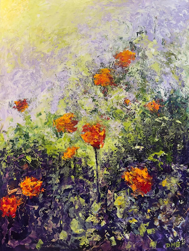 Orange flowers bloom amidst green foliage against a soft, light background.