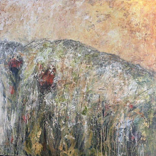 Abstract painting of a mountain landscape with textured brushstrokes in shades of gray, white, green, and red.