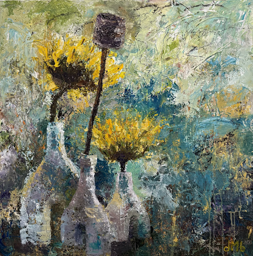 Three yellow sunflowers in glass bottles against an abstract background of teal and green.