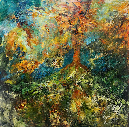 Impasto painting of a tree in a forest, with orange and yellow leaves, green and blue background.