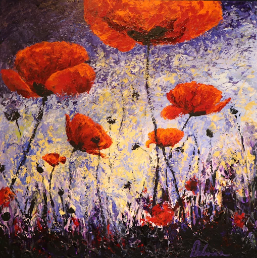 Red poppy field, vibrant painting. Blossoms against a purple and yellow textured background.