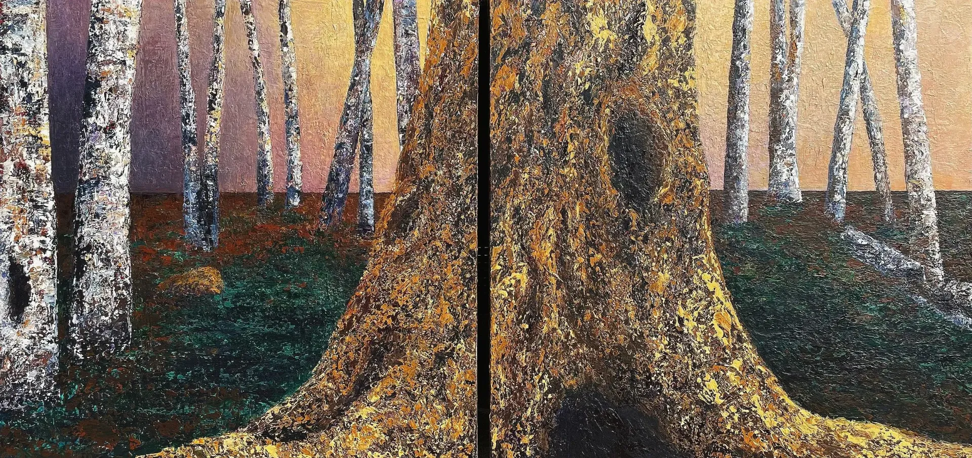 A diptych painting of a forest scene with textured trees and a golden-hued background.