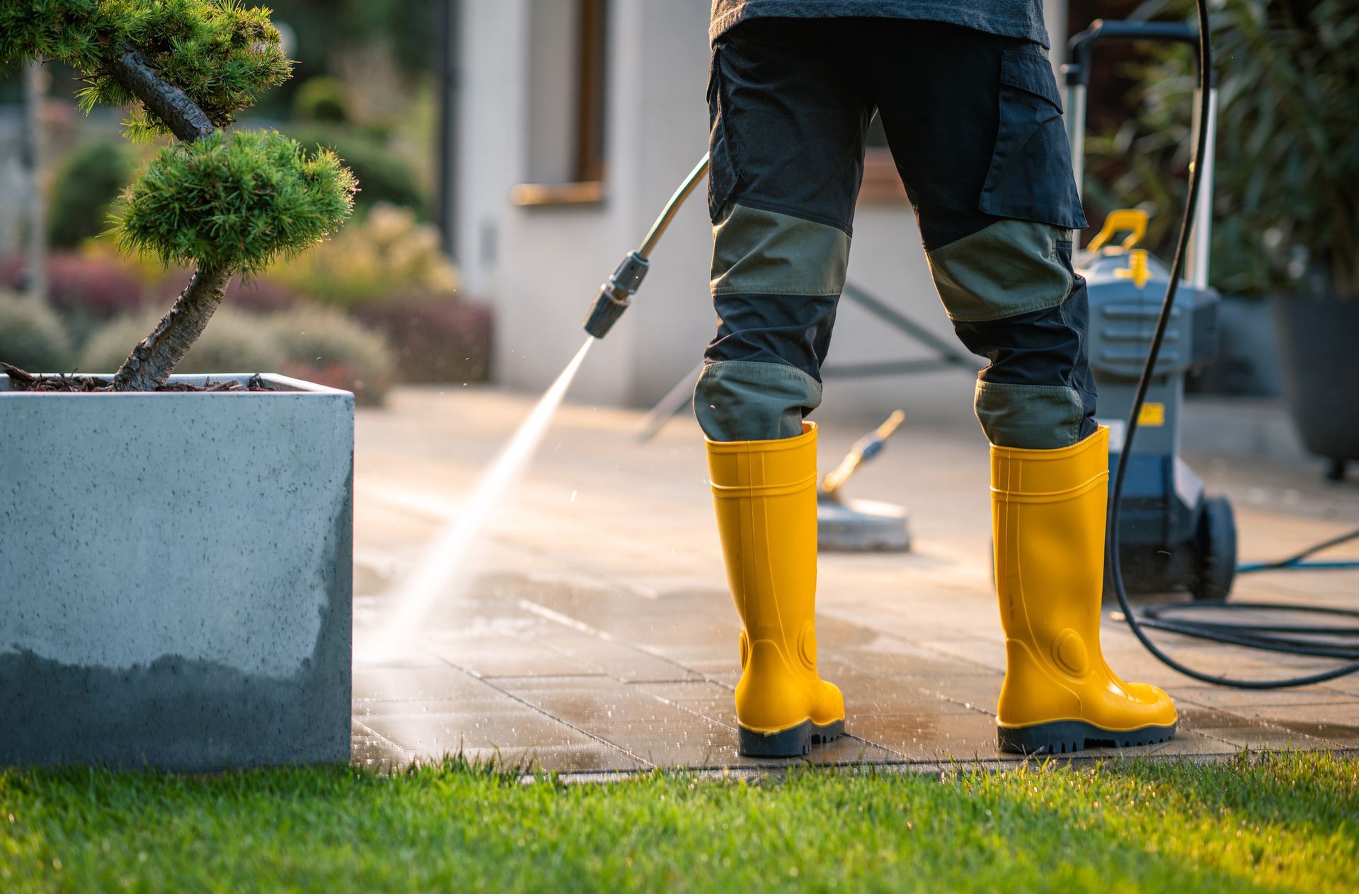 Person in yellow boots pressure washing a patio; garden setting.