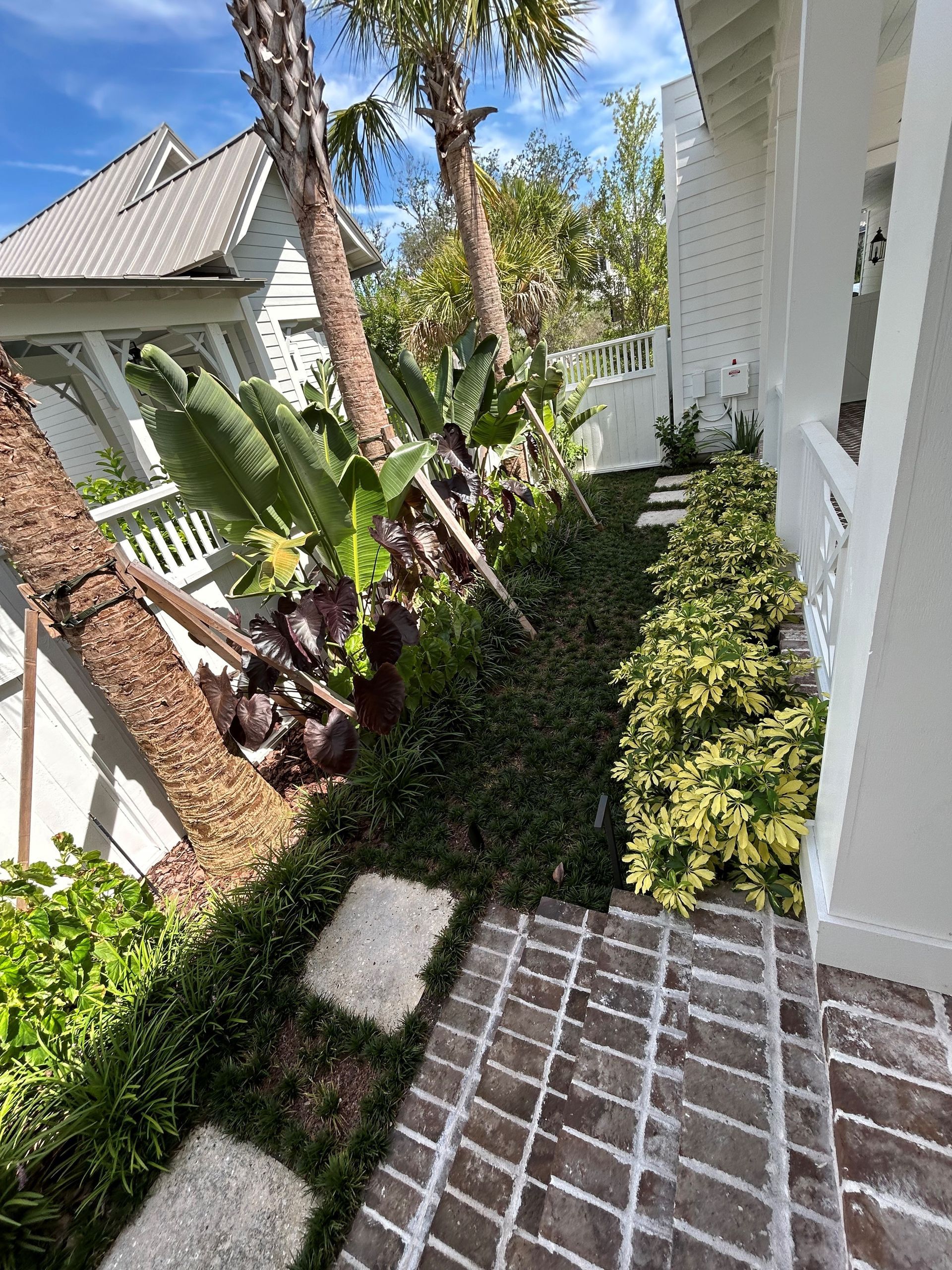 Pathway with stone pavers and greenery beside a white house with a porch, palms, and blue sky.