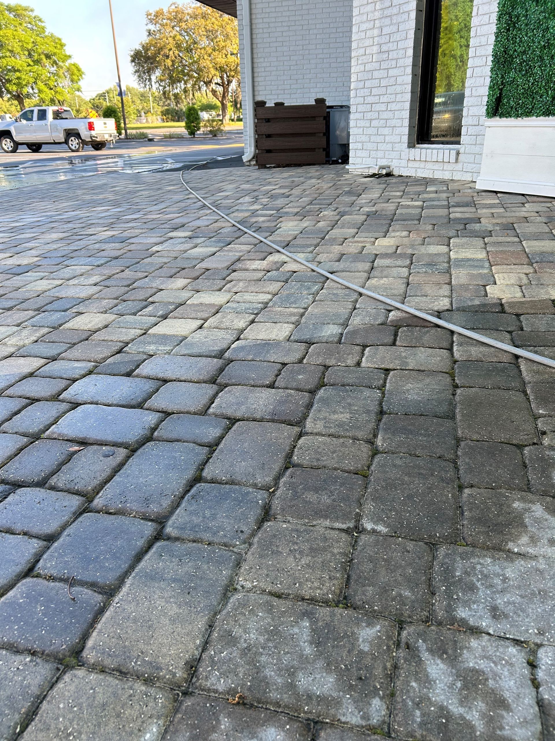 Brick pavers being cleaned with water, half clean, half dirty, in front of a building.