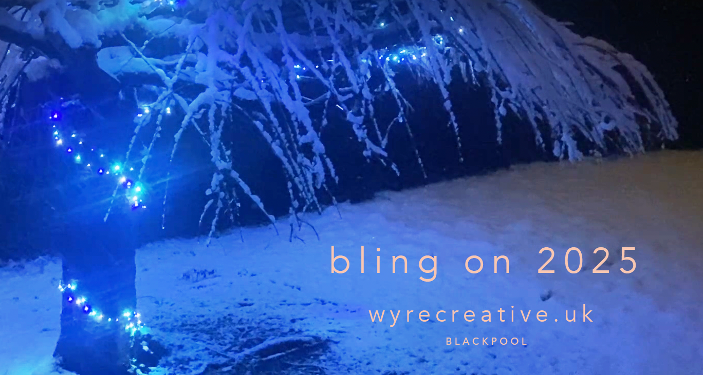 A tree with blue lights and covered in snow.