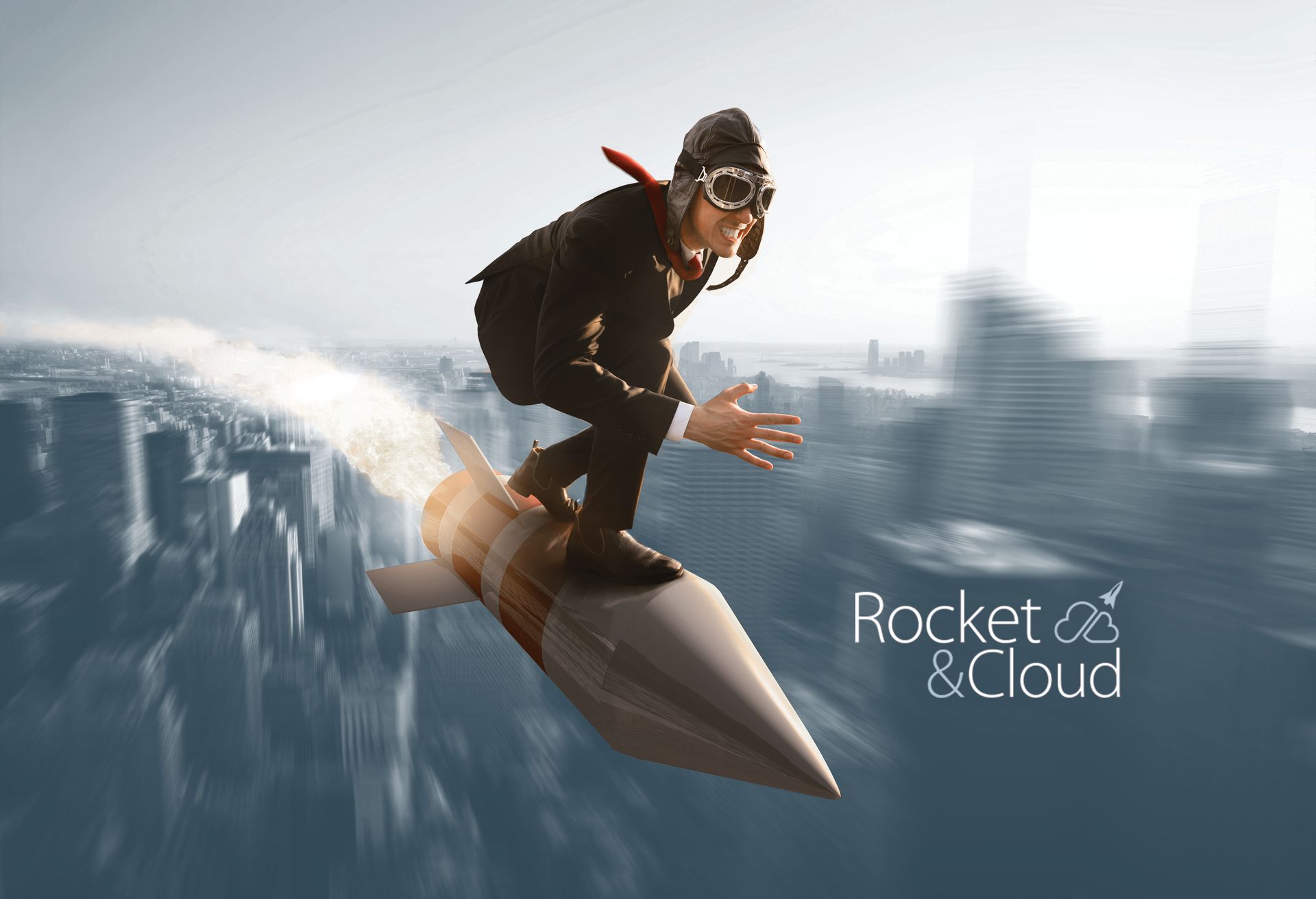 man riding a rocket wearing goggles and flying hat over city