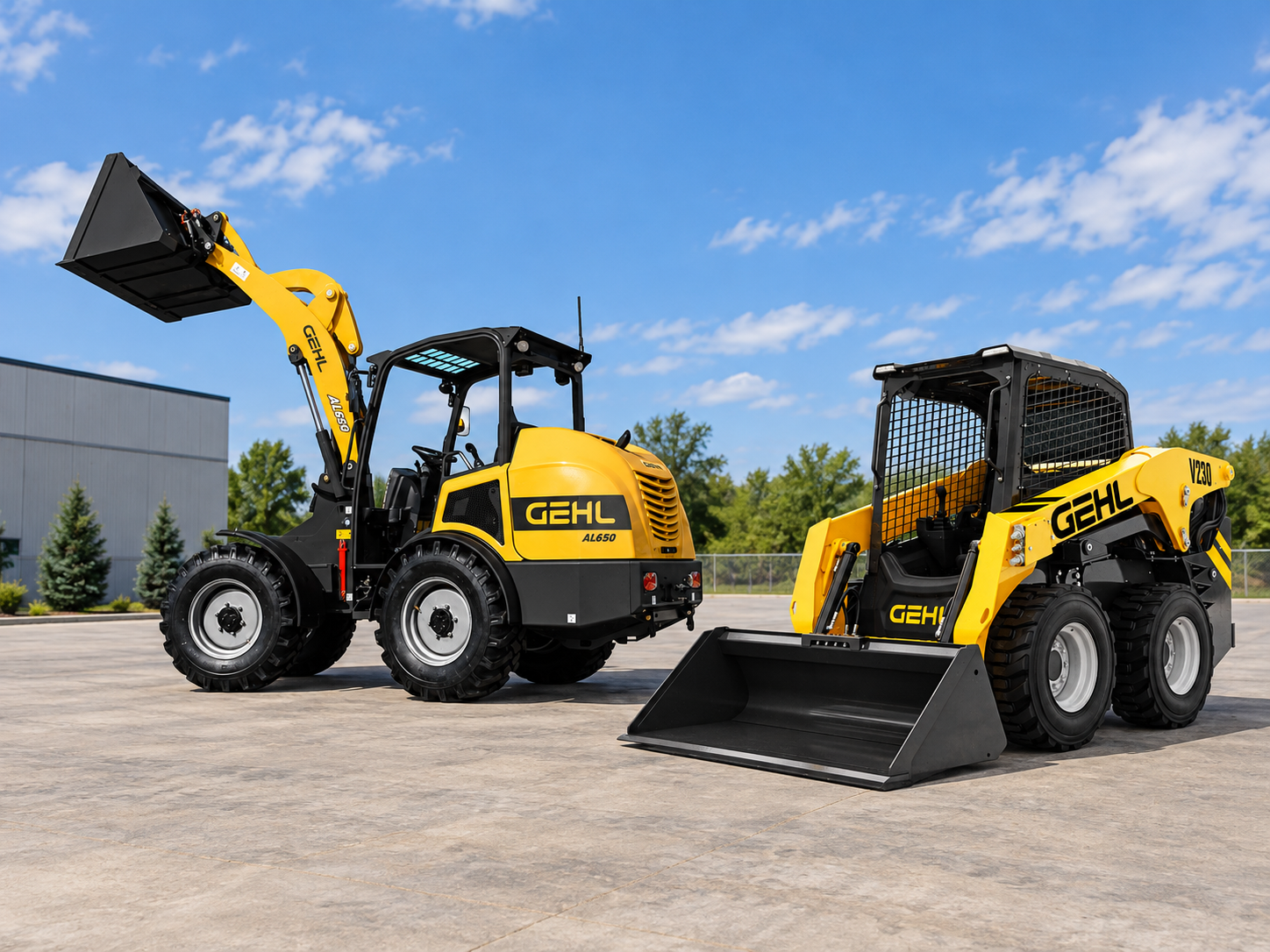 GEHL AL650 articulated wheel loader and GEHL V230 skid steer shown side by side