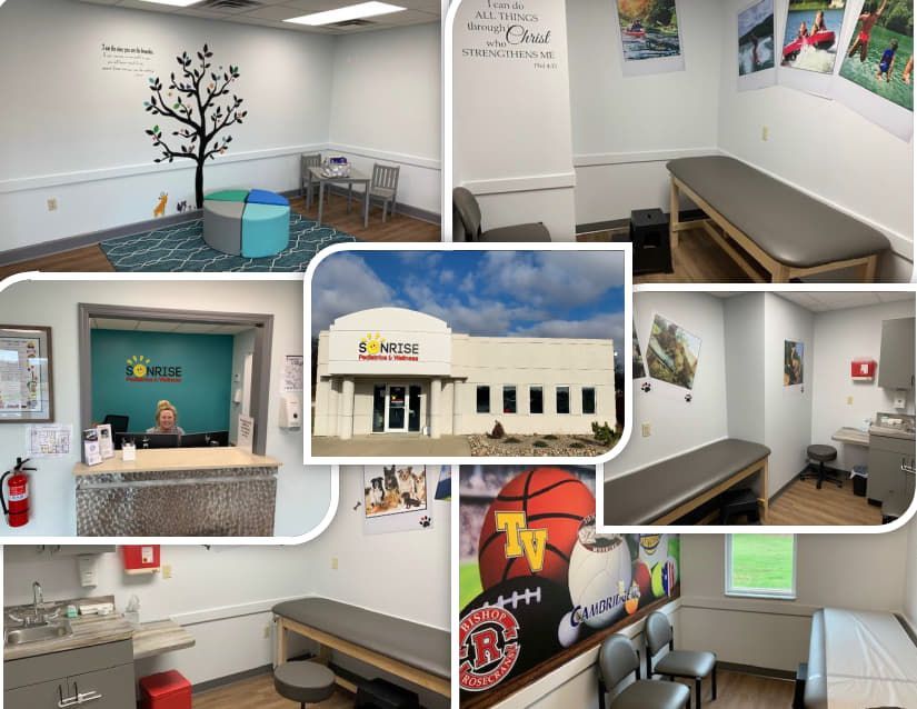 Collage of a bright pediatric clinic with exam rooms, waiting area, mural wall, and exterior sign