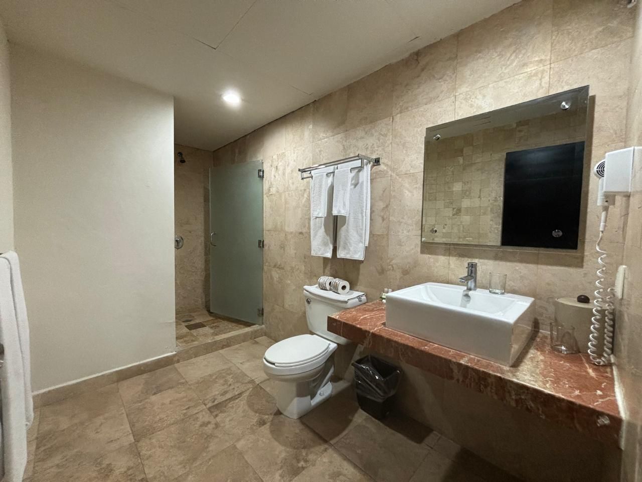 Un baño Hotel en Mazatlán con inodoro, lavabo, espejo y ducha.