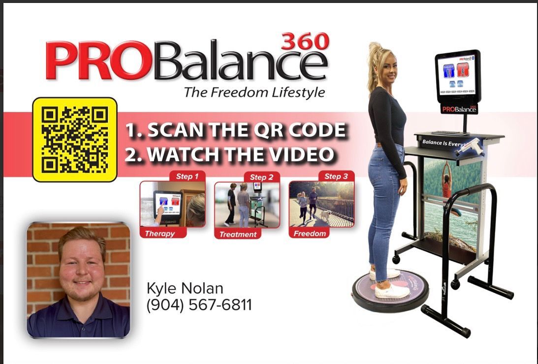 Advertisement for ProBalance 360 with a person using the device. Includes QR code, video instructions, and contact info.