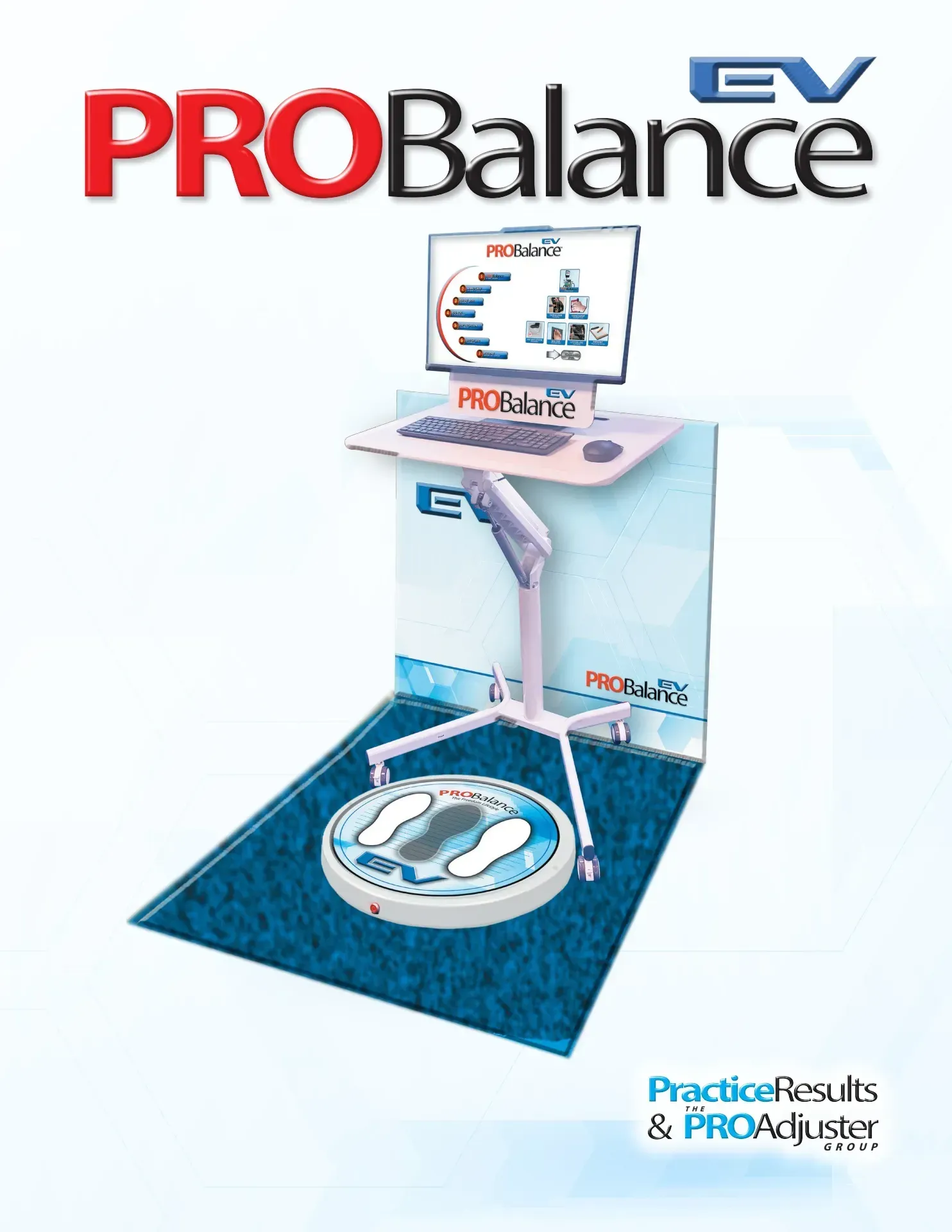 ProBalance EV machine for balance assessment. Computer, platform, and mat on a blue background.