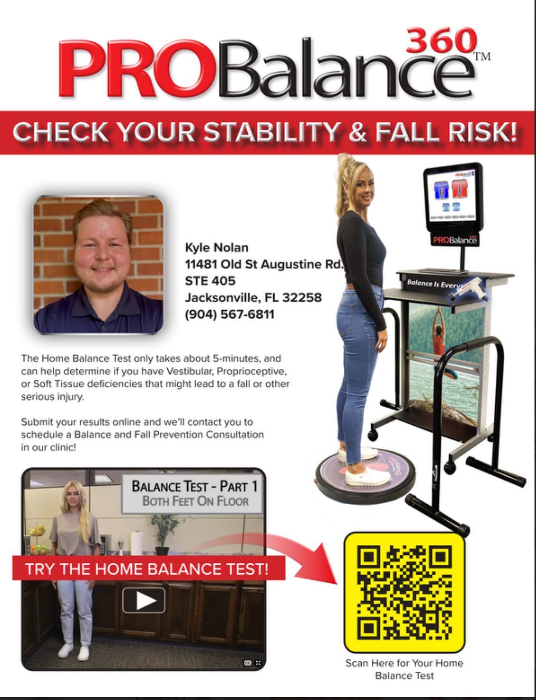 Flyer promoting the ProBalance 360. Shows a person undergoing a balance test. Includes contact info and a QR code.