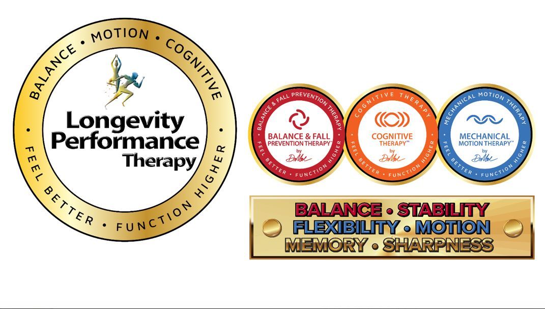 Gold seal with text and three colored badges promoting balance, motion, cognitive function, and flexibility.
