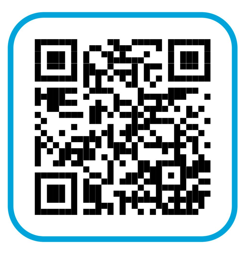 QR code in black and white within a rounded square with a blue outline.