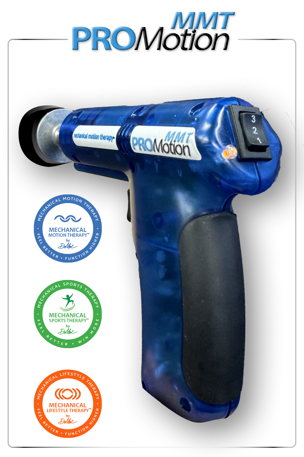 Blue and black PROMotion massager with three circular badges.
