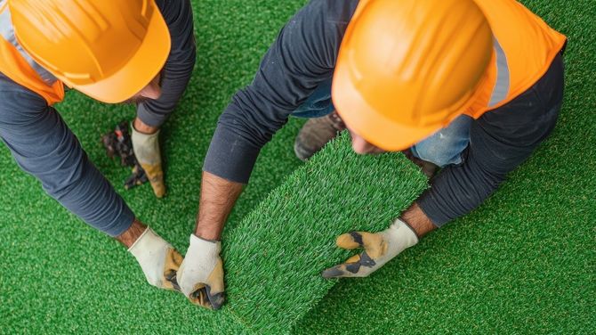 Two workers in orange hard hats planting a small seedling in green turf outdoors