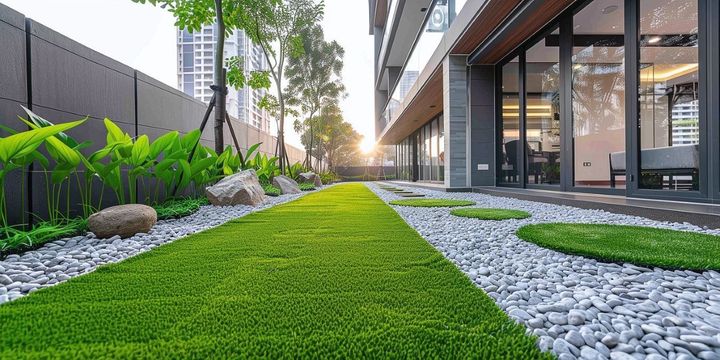 Modern building exterior with a green lawn path, white gravel, rocks, and tall plants