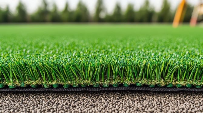 Close-up of lush green grass turf with a blurred field and goal posts in the background