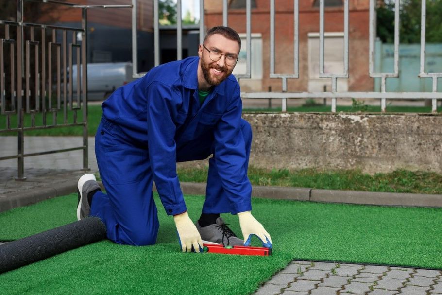 Worker in blue coveralls installing green turf with red tools outdoors