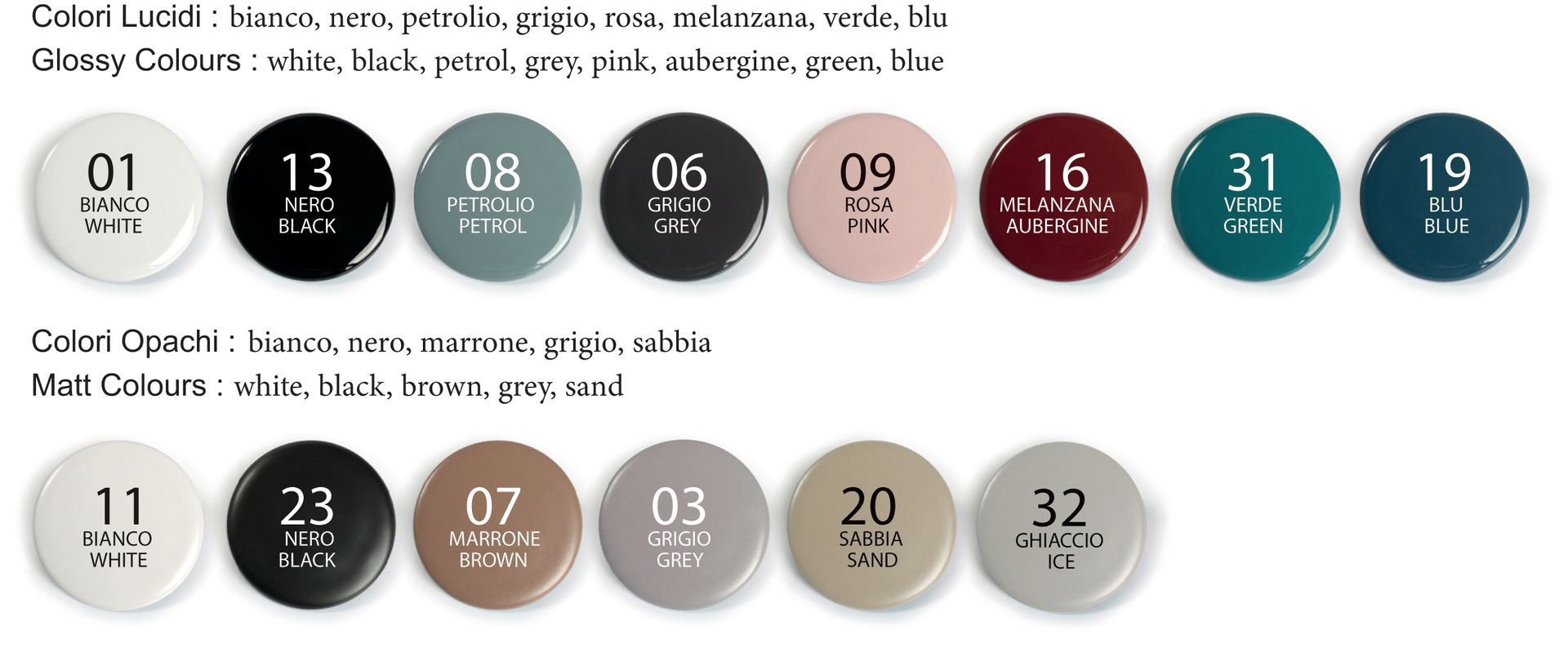 Palette colore lucido (nero, verde acqua, grigio, rosa, rosso scuro, verde, blu) opaco (bianco, nero, marrone, grigio, beige)