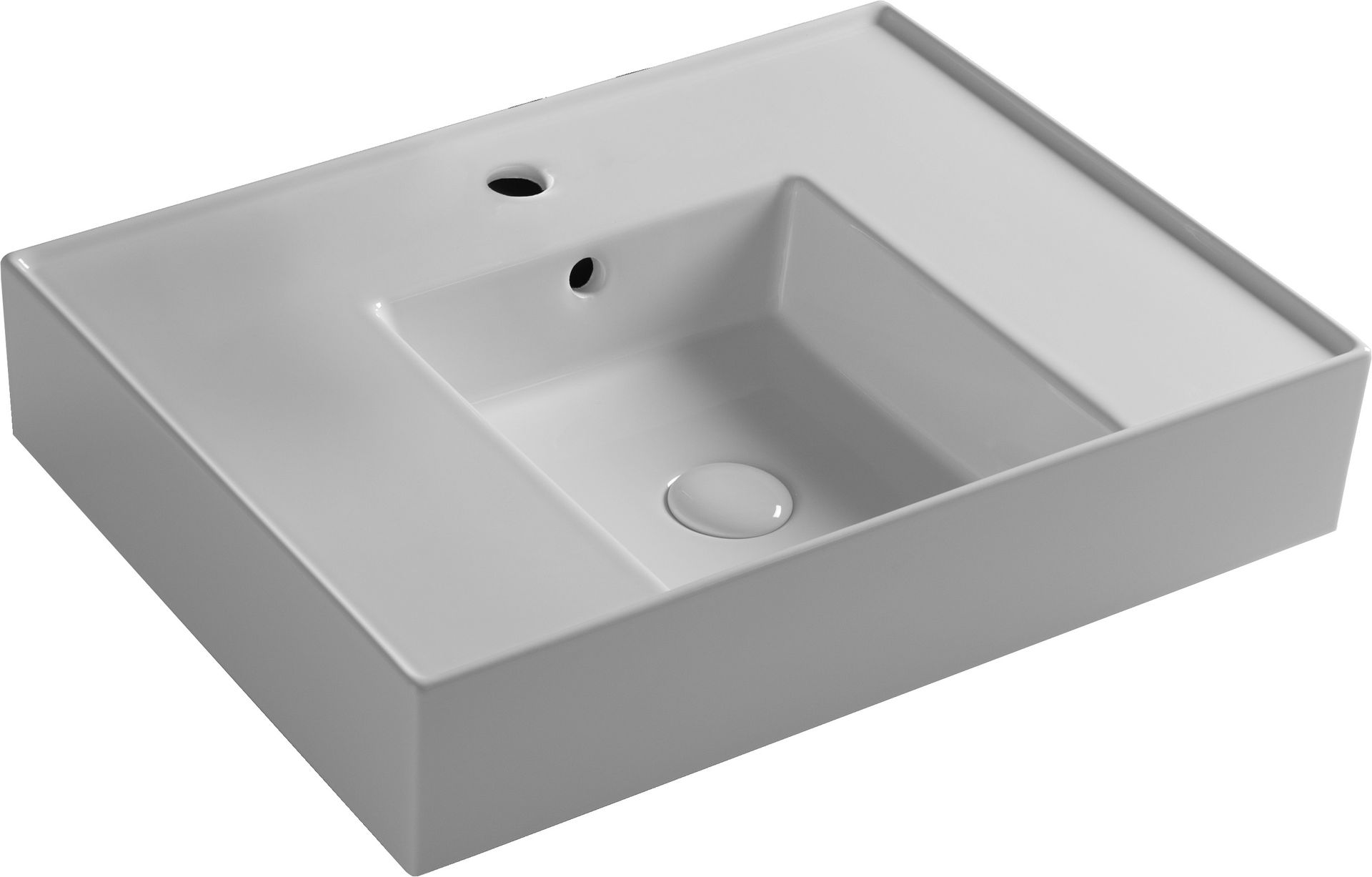 Lavandino rettangolare bianco per il bagno con foro per il rubinetto e piletta di scarico.