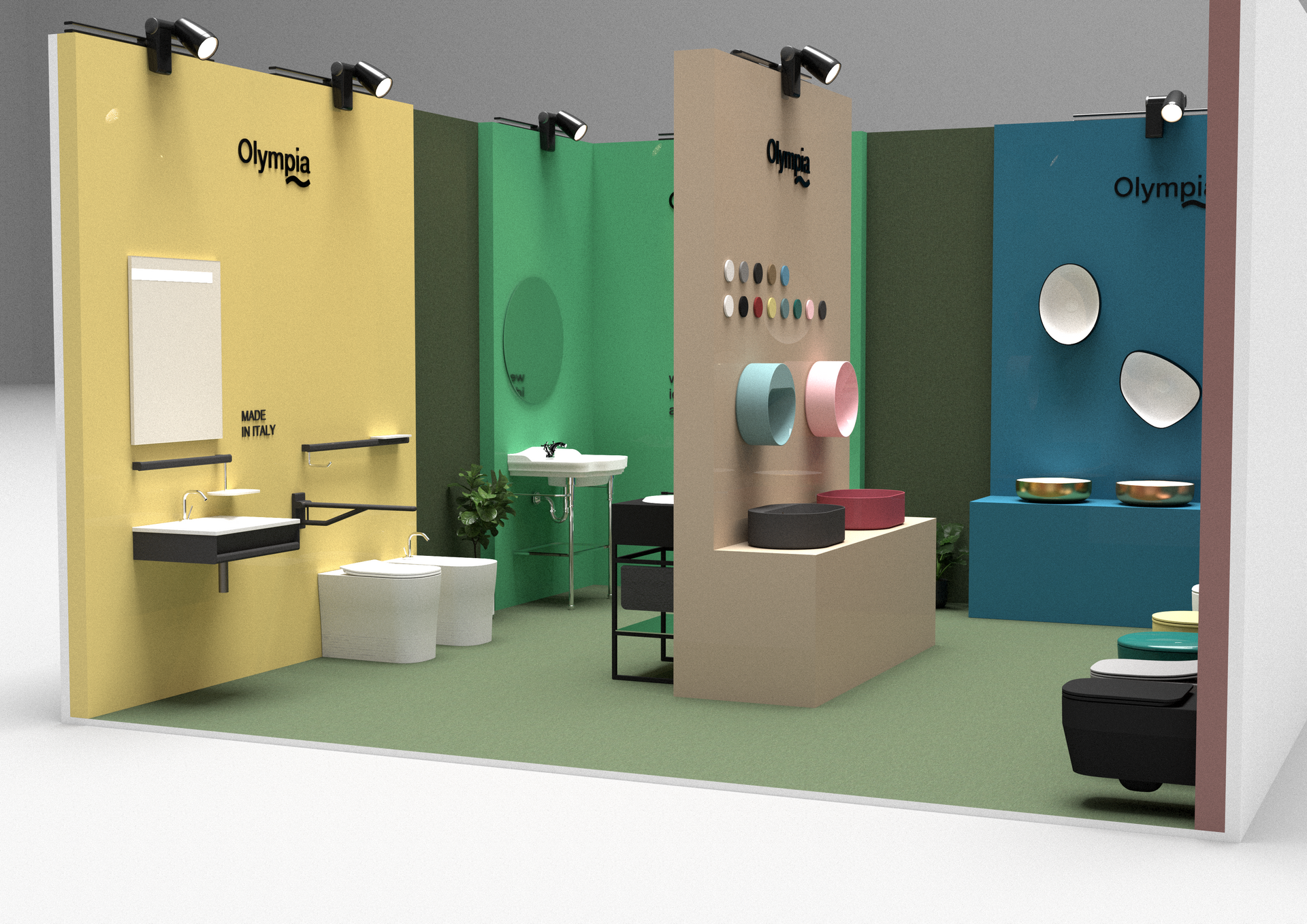 Uno stand fieristico colorato che espone vari accessori per il bagno, tra cui lavabi, specchi e WC, del marchio Olympia.