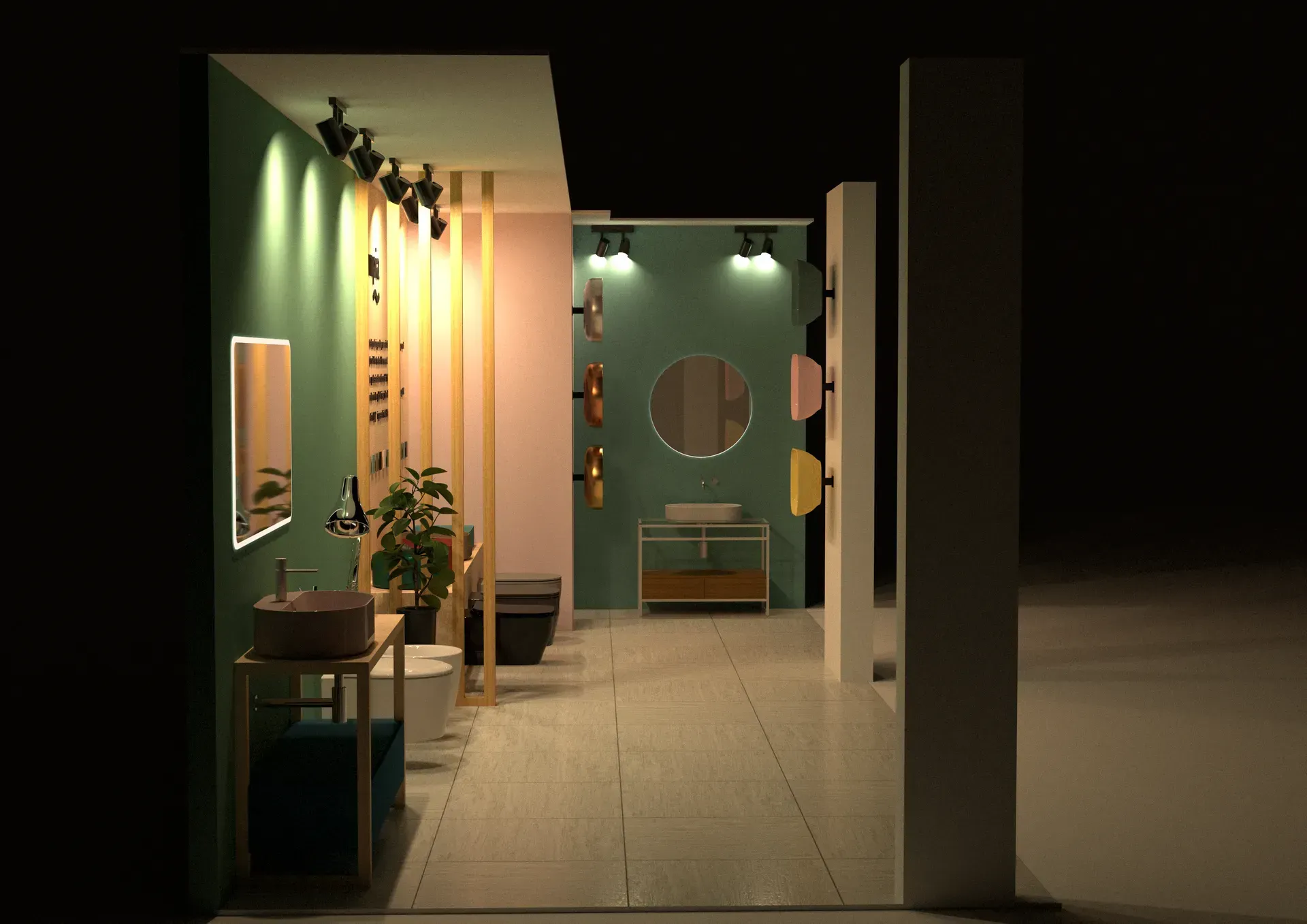 Esposizione del bagno con pareti color verde acqua, dettagli in legno e vari accessori.
