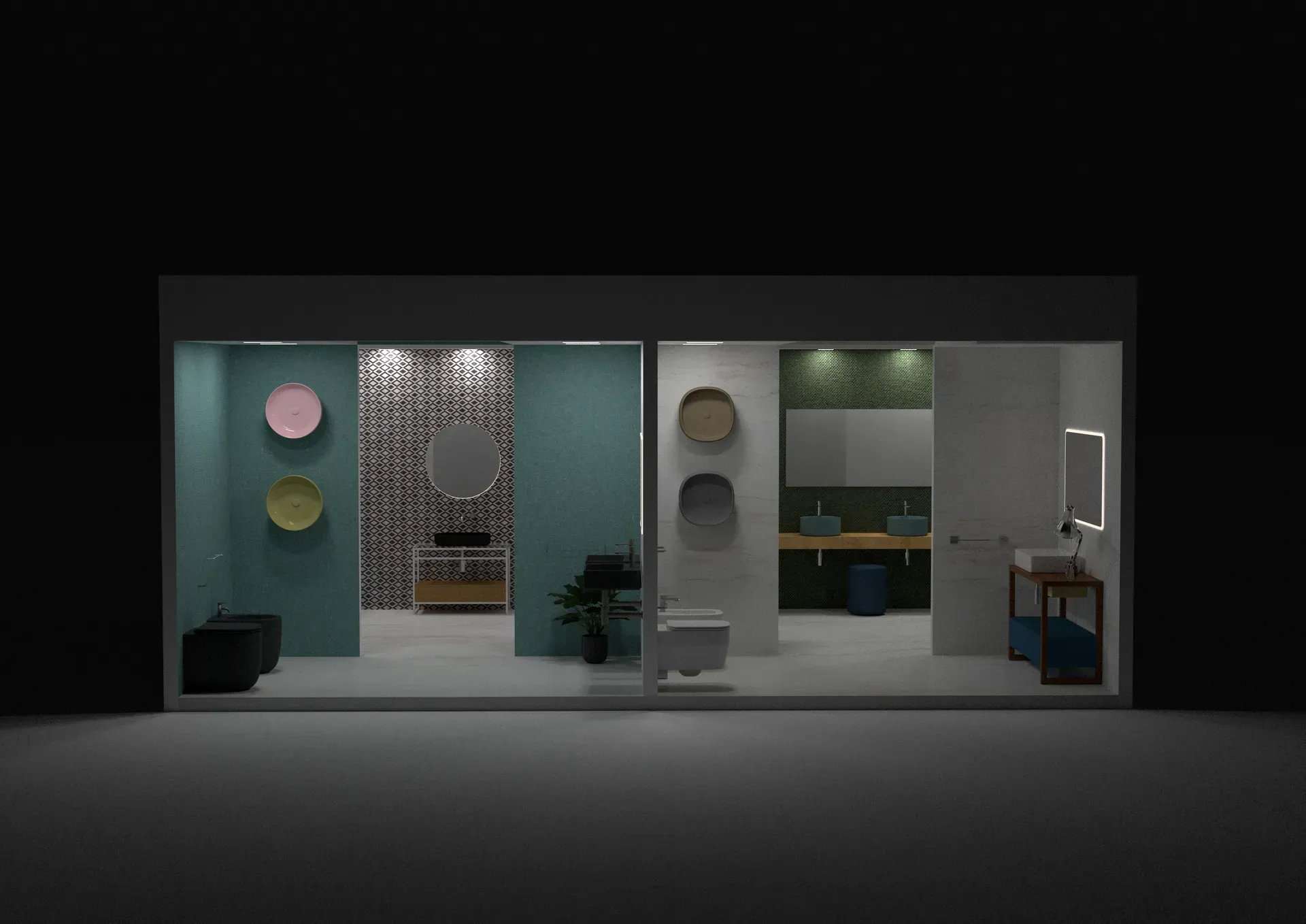 Esposizione di mobili da bagno con vari accessori moderni e design di piastrelle.