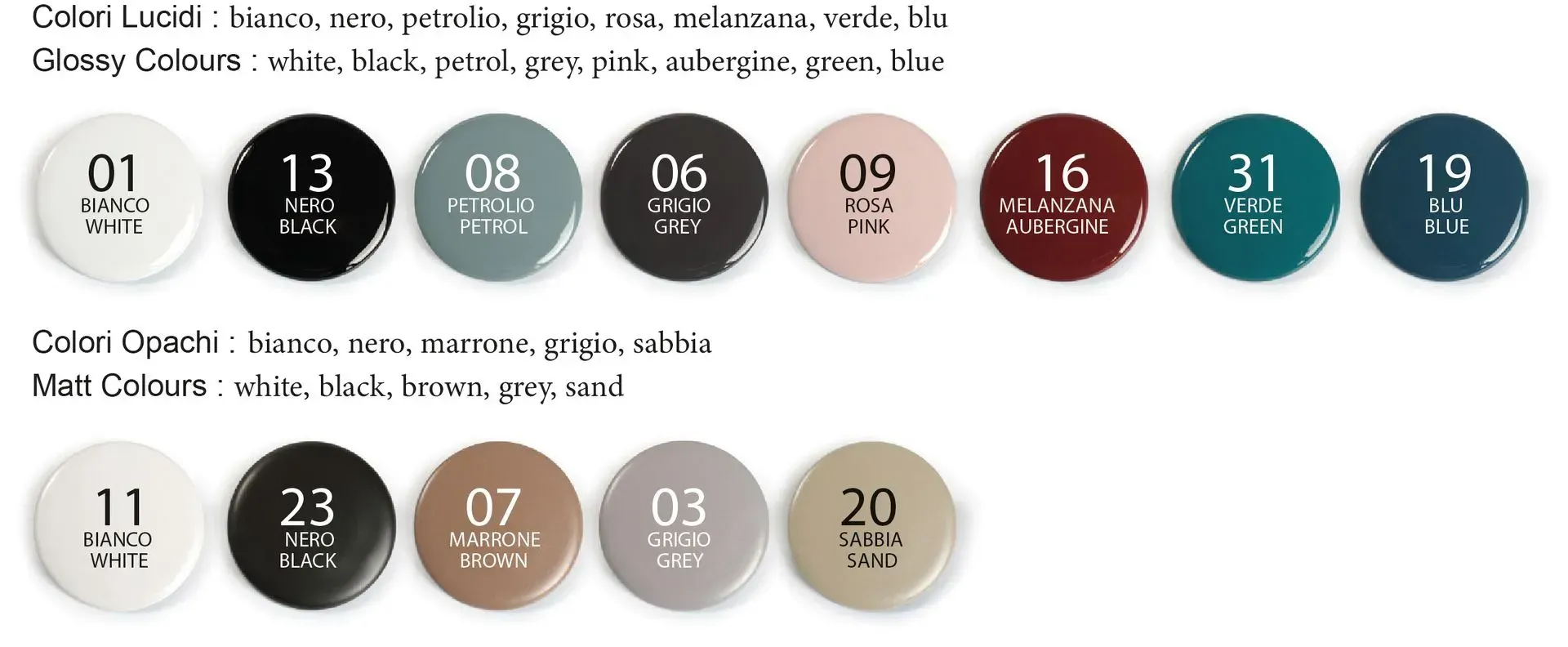 Campioni di colore in varie tonalità: bianco, nero, verde, rosa, marrone, grigio e blu.