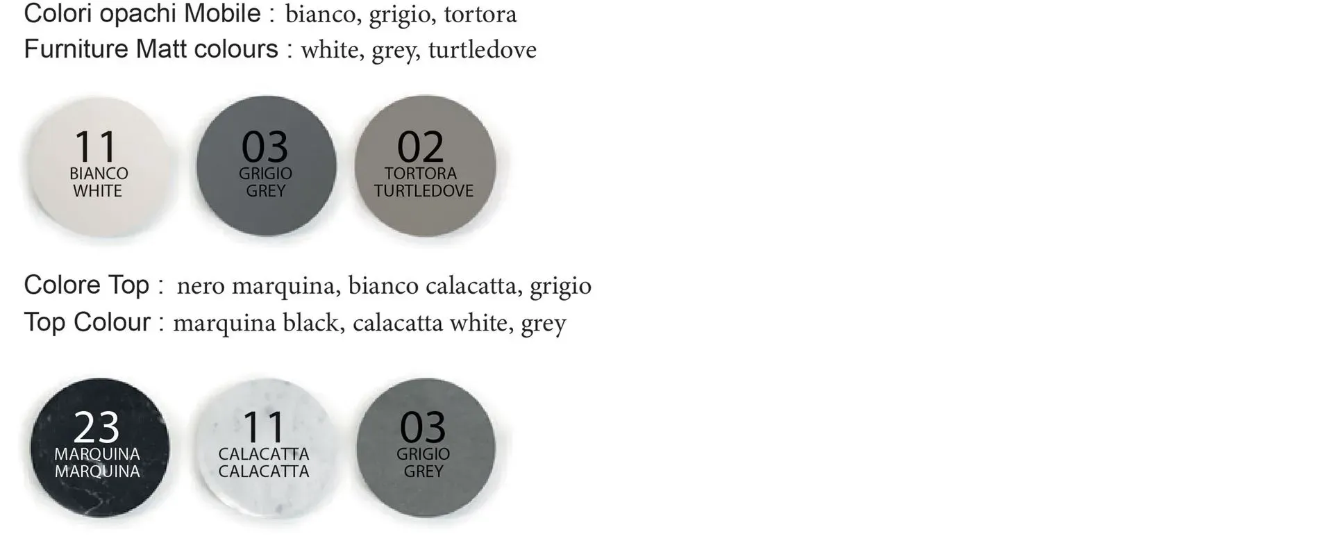 sample di colore con relativo codice e testo che mostrano le diverse tonalità dei prodotti.