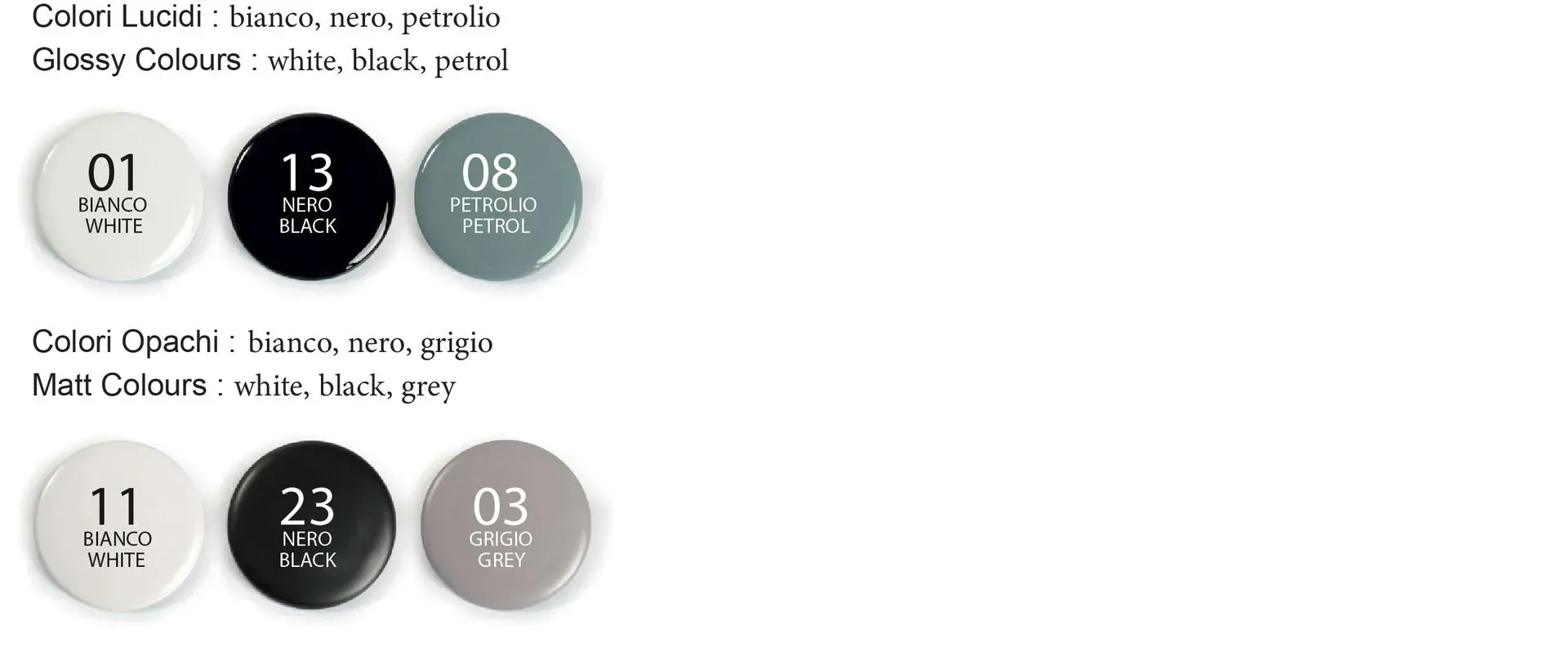 Tavolozza dei colori: bianco, nero e petrolio con finitura lucida; bianco, nero e grigio con finitura opaca e codici.