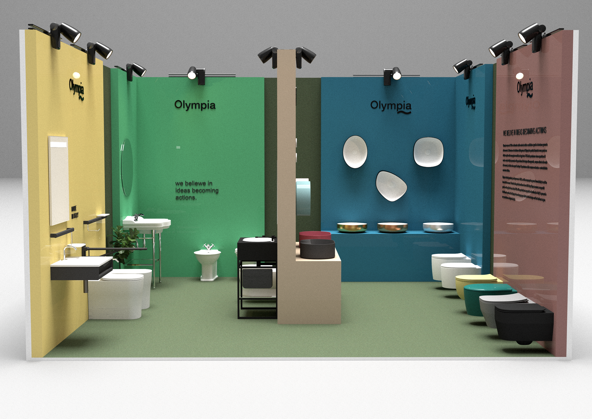 Uno stand fieristico che espone in modo colorato moderni accessori per il bagno, tra cui lavabi, WC e specchi da parete.