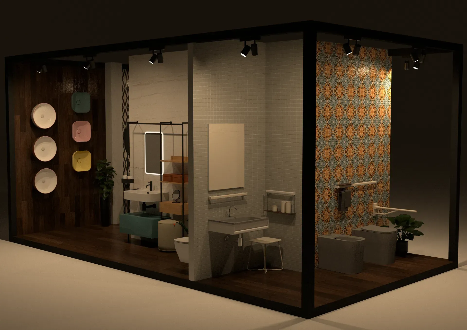 Esposizione di bagni in uno showroom. Diversi stili di piastrelle, mobili e sanitari sono esposti con illuminazione.