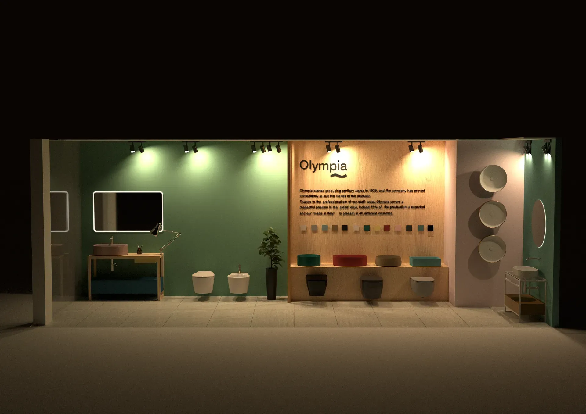 Esposizione di sanitari: lavandini, WC e specchi in uno showroom con pareti verdi e nei toni del legno.