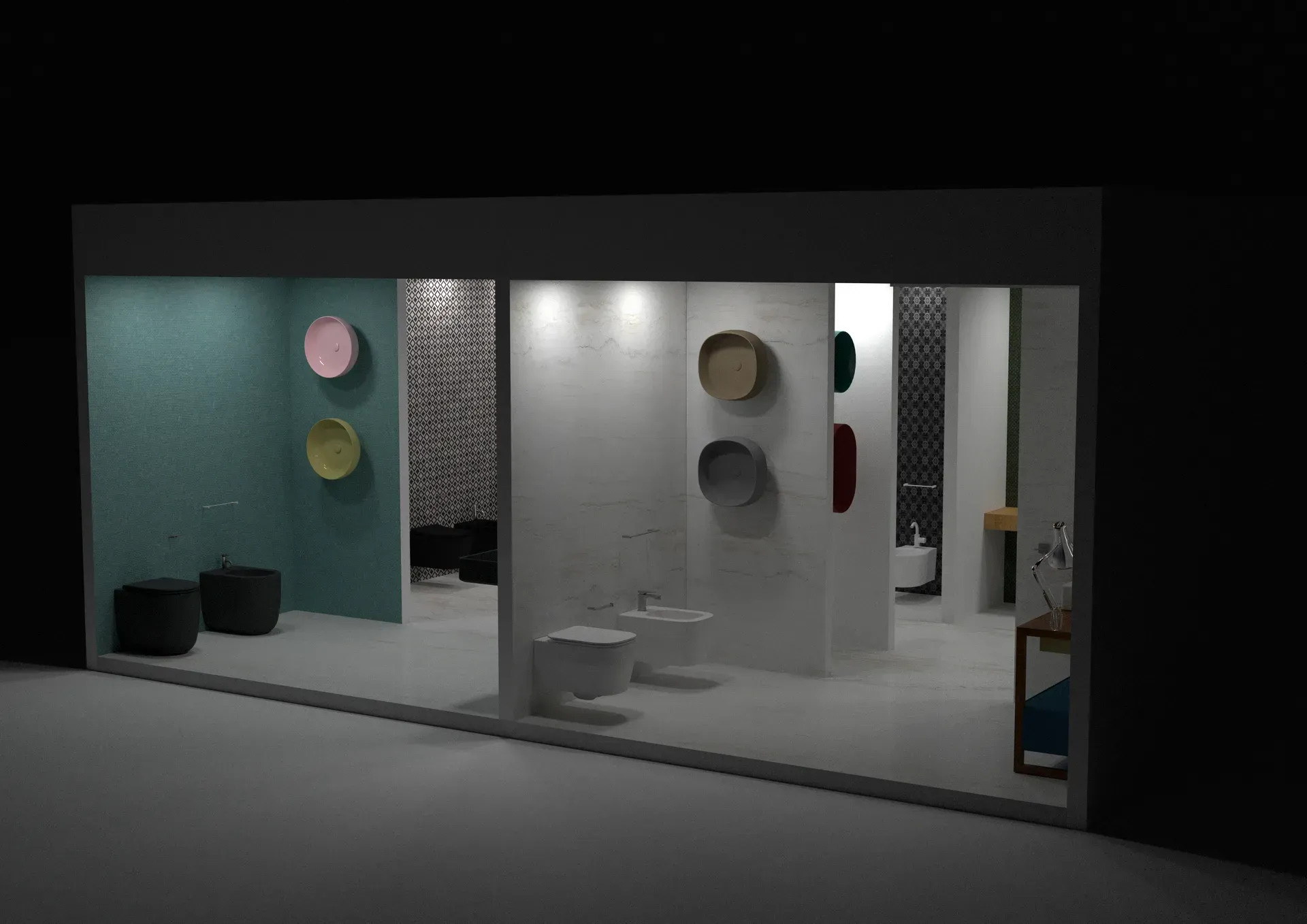 Showroom con vari espositori a parete, tra cui cerchi colorati e sanitari.