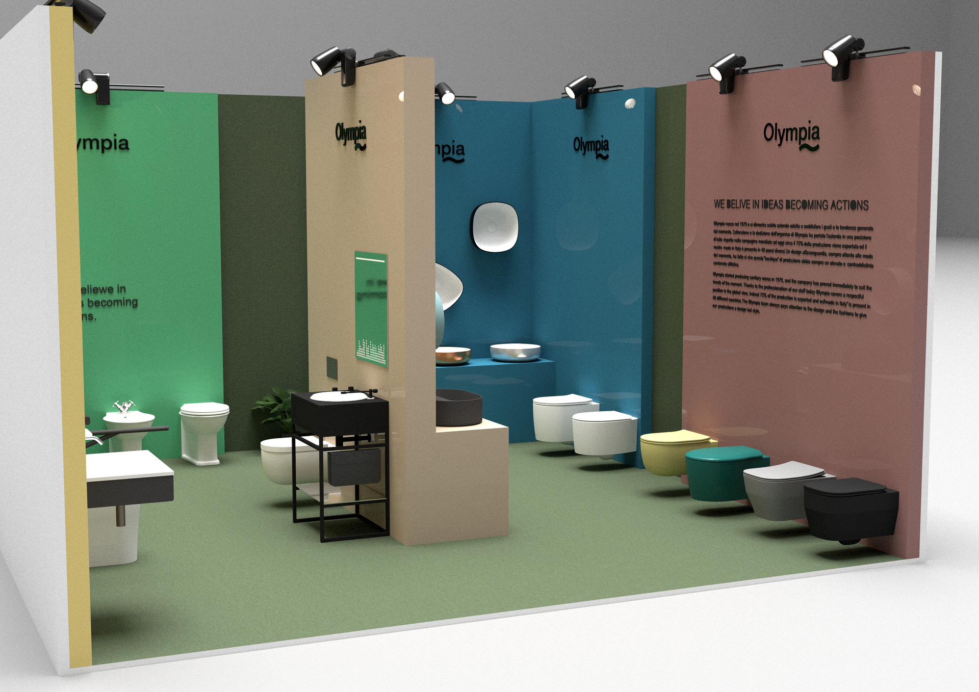 Uno showroom che espone sanitari moderni e colorati, tra cui lavabi e WC, su pareti verdi, blu e rosa.